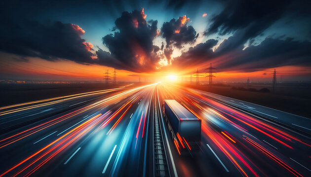 Semi Truck on highway lorry motion blur concept of journey copy transportation industry