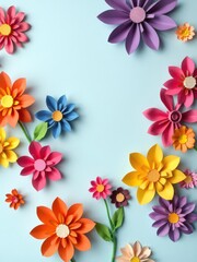 Obraz premium Vibrant handmade paper flowers in various colors on pale blue backdrop with white copyspace, paper, beautiful