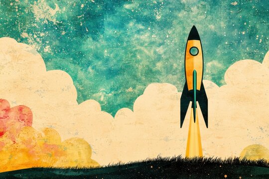 Rocket launch party vibrant art celebrating space