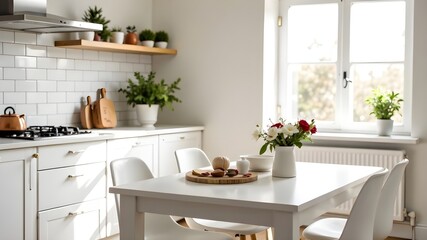 Fototapeta premium Empty table in the kitchen for presentation. Christmas decor.