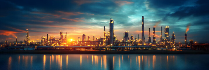 Fototapeta premium Illuminated Industrial Refinery at Sunset - A Realistic Night Image