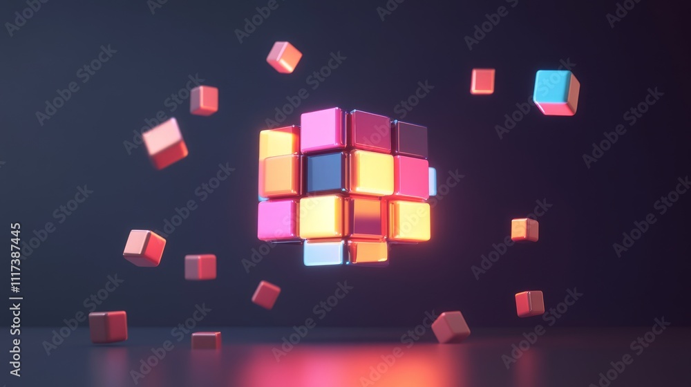 Poster glowing colorful cube with smaller cubes floating around it on dark background.