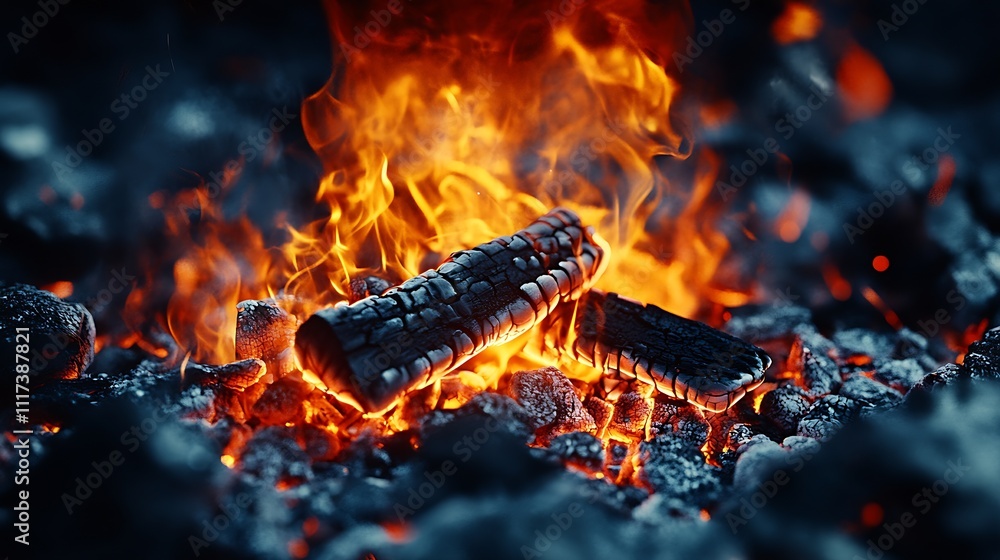 Poster Glowing Hot Embers with Logs in a Fire Creating a Warm and Inviting Atmosphere for Cozy Evenings : Generative AI