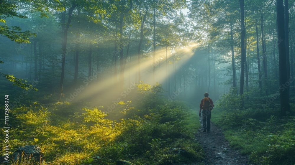 Leinwandbilder a hiker strolls down a serene forest path surrounded by trees and fog, with gentle sunlight breaking