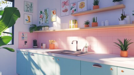 Sunlit pastel kitchen with plants, open shelving, and teal cabinets.