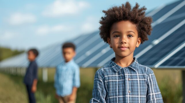group of children learning about renewable energy in solar farm. They are engaged and curious, showcasing importance of sustainability and environmental awareness