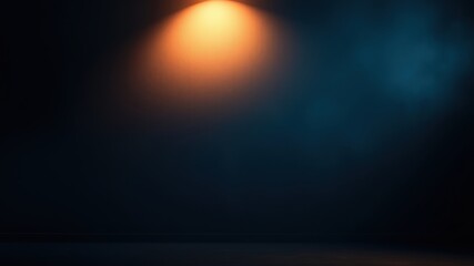 Naklejka premium A solitary spotlight illuminates a dark room with a subtle blue gradient, casting a warm glow on the textured wall.