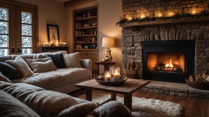 A warmly lit living room with a fireplace, blankets, and a hot chocolate mug on the coffee table.