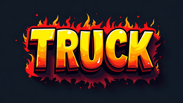 3D Cartoon style text semi truck lorry, graphic design dark background