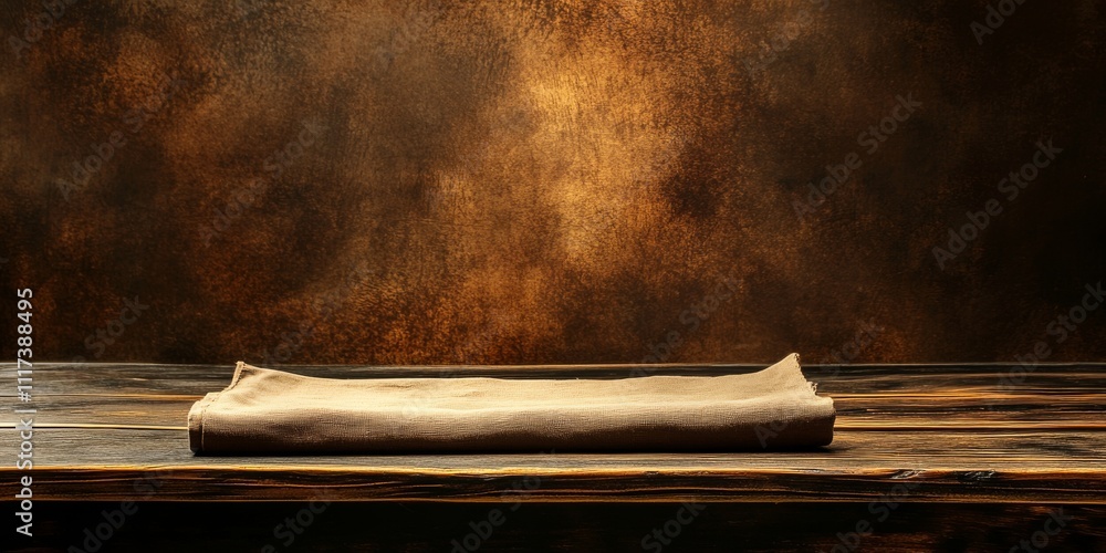 Poster empty wooden table featuring a napkin set against a brown background, creating a rustic ambiance. th