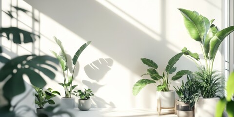 Interior plants enhance the atmosphere of the space, set against a backdrop of the sky and white walls. Discover how plants can transform interiors with their calming presence in atmospheric photos.
