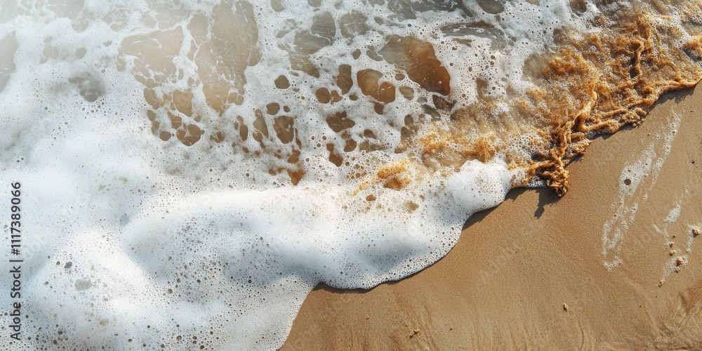 Poster foamy dirty sea water is characteristic of the shoreline, creating intriguing patterns on the sandy 