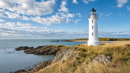 scenic view of solar powered lighthouse on rocky coastline, surrounded by grass and beautiful sky. tranquil atmosphere evokes sense of peace and nature beauty