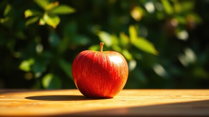 A single red apple sits on a wooden surface, bathed in the warm glow of the sun, with a blurred background of green foliage.