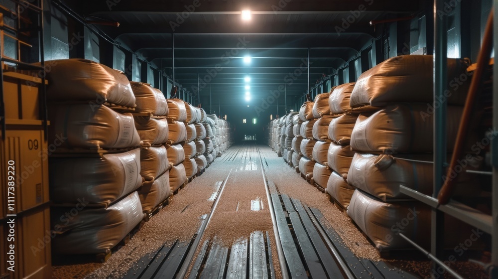 Poster inside the cargo hold of a bulk carrier where hundreds of tons of grain are neatly stacked and secur