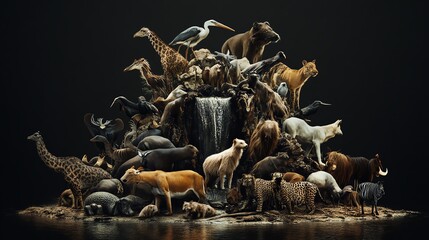 Obraz premium Diverse wildlife gathered around a waterfall scene.