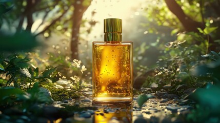 Yellow perfume bottle in a natural setting with sunlight, warm and photorealistic imagery