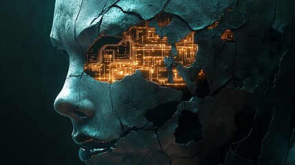 Futuristic robotic face with glowing circuitry.