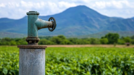 Fototapeta premium solar powered water pump in rural setting, surrounded by lush green fields and mountains in background, symbolizes sustainable agriculture and irrigation