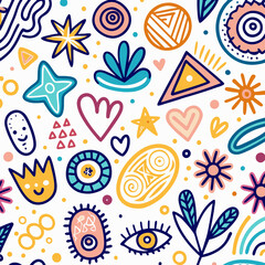 Colorful abstract seamless pattern with hand-drawn shapes, hearts, stars, and flowers on white background.