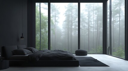 Modern minimalist bedroom with floor-to-ceiling windows overlooking a misty forest.