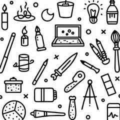Obraz premium Seamless pattern of art supplies, tools, and creative elements.