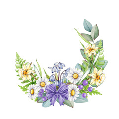 Fototapeta premium Spring season floral decoration from primrose garden flowers illustration. Hand drawn daffodil, daisy flowers elegant decor on white background. For holiday festive decor and seasonal designs