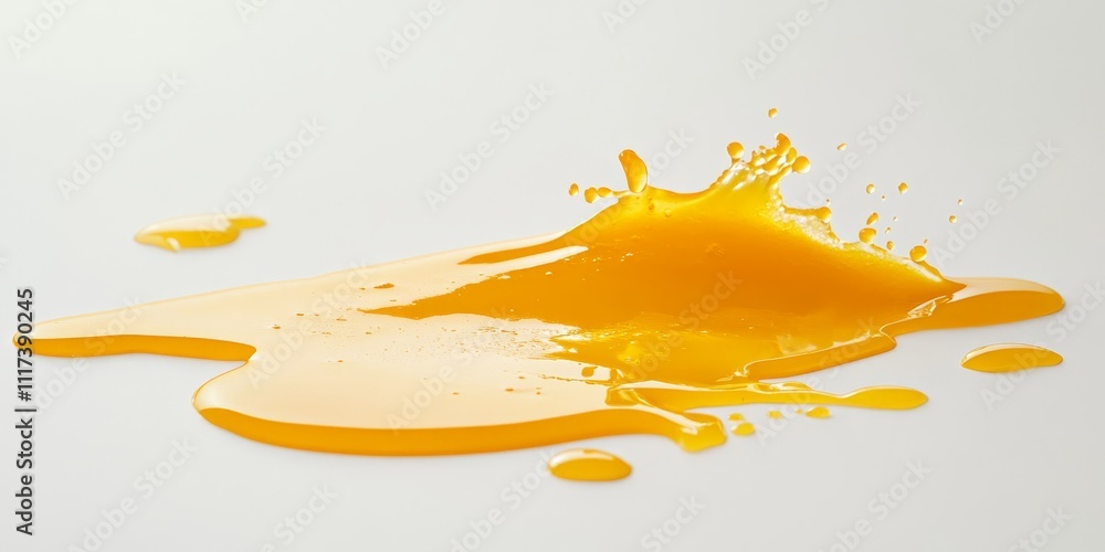Poster isolated puddle of orange juice displayed on a white background, showcasing the vibrant color and te