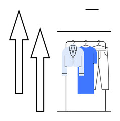 Blue dress, jacket, and pants on a wardrobe rack beside upward arrows suggesting improvement. Ideal for fashion, retail growth, business progression, clothing organization, market trends, upgrading