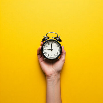 alarm clock in a hand in vibrant yellow background. top view photo of hand holding black alarm clock on isolated yellow background with empty space