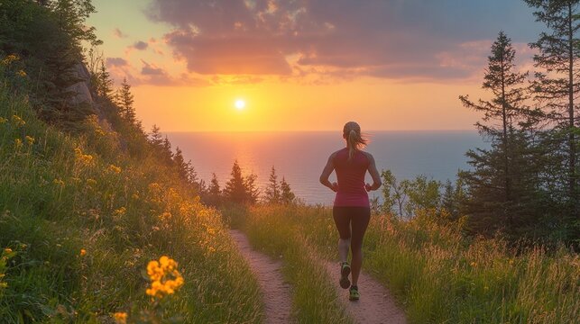 Woman trail running at sunset overlooking ocean.