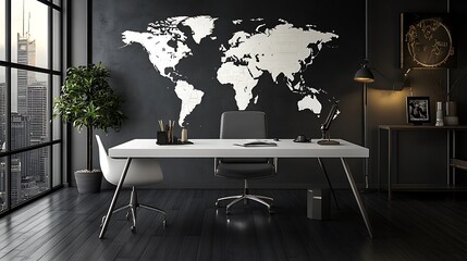 Modern minimalist office interior with a world map on the wall, large windows, and city view.