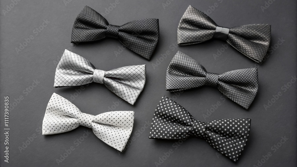 Poster six elegant bow ties with various patterns are neatly arranged on a dark gray background, creating a