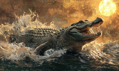 Obraz premium Crocodile hunting at sea under full moonlight nature