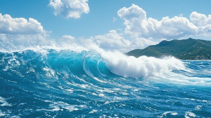 Powerful turquoise ocean wave crashing against the shore.