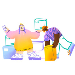 Two small business owners moving boxes