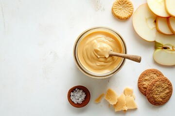 A flat lay of dulce de leche served in a jar with a rustic spoon, accompanied by sliced apples, cookies, and a small bowl of sea salt.