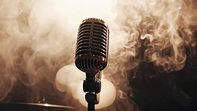 Vintage microphone in smoky atmosphere.  Perfect for music, podcast, or retro themes.