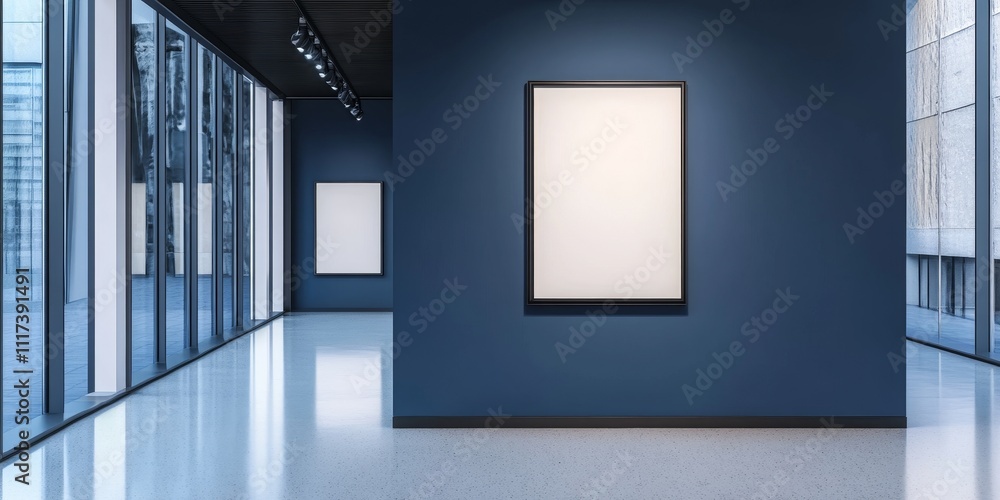 Aufkleber gallery interior featuring an empty frame displayed on a stylish blue wall, creating a striking visu