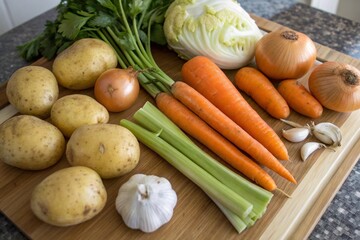 Potatoes onion carrot celery kohlrabi and garlic.
