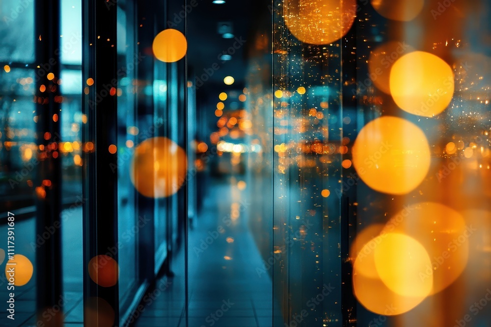 Poster a blurred indoor scene with illuminated bokeh effects, creating a dreamy atmosphere.