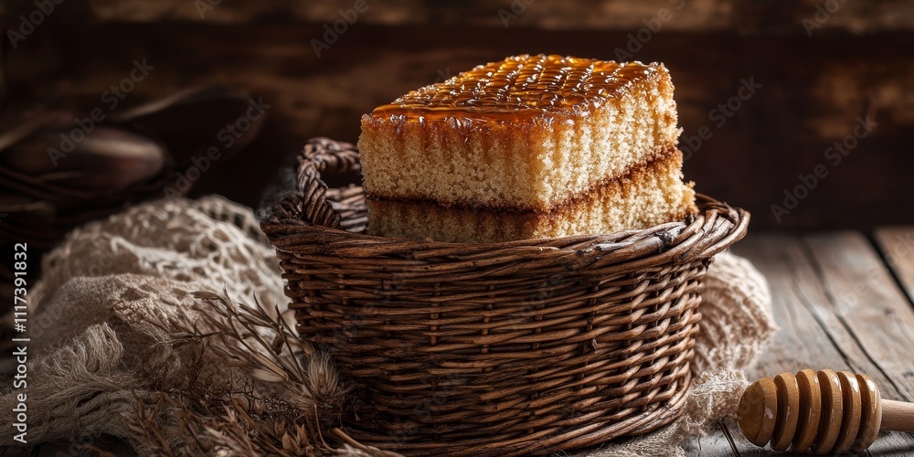 Poster wicker basket filled with a delightful heap of honey cake, beautifully arranged on a rustic wooden t