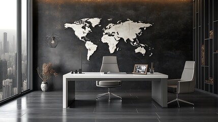 Modern minimalist office with world map, cityscape view, and sleek furniture.