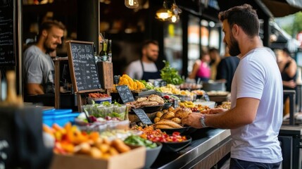Fresh and Colorful Food Market Stall with Attractive Display of Fruits and Pastries in Urban Setting