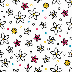 Seamless pattern of simple cartoon flowers and dots on white background.