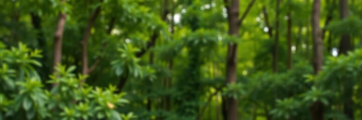 Obraz premium Blurred background of lush green foliage in a forest, creating a serene and tranquil atmosphere, foliage, background