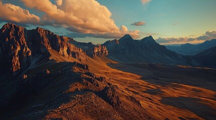 A breathtaking sunset casts warm hues over rugged mountains, with shadows enhancing the dramatic landscape.