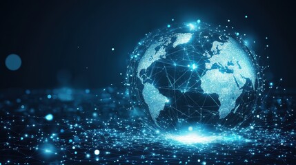 Glowing digital world map with connections. Illustrates global network, connectivity, data flow, or technology.