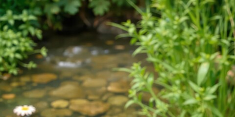 Naklejka premium Blurred image of serene natural background featuring water and lush plants, peaceful, harmony