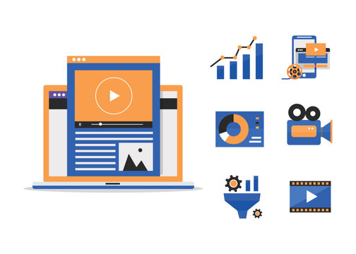 Multimedia content, video post production and footage editing. Computer animation, special effects design, Data growth, Video content, Reels, Chart, Video devices platforms, Icons vector illustration. - Powered by Adobe